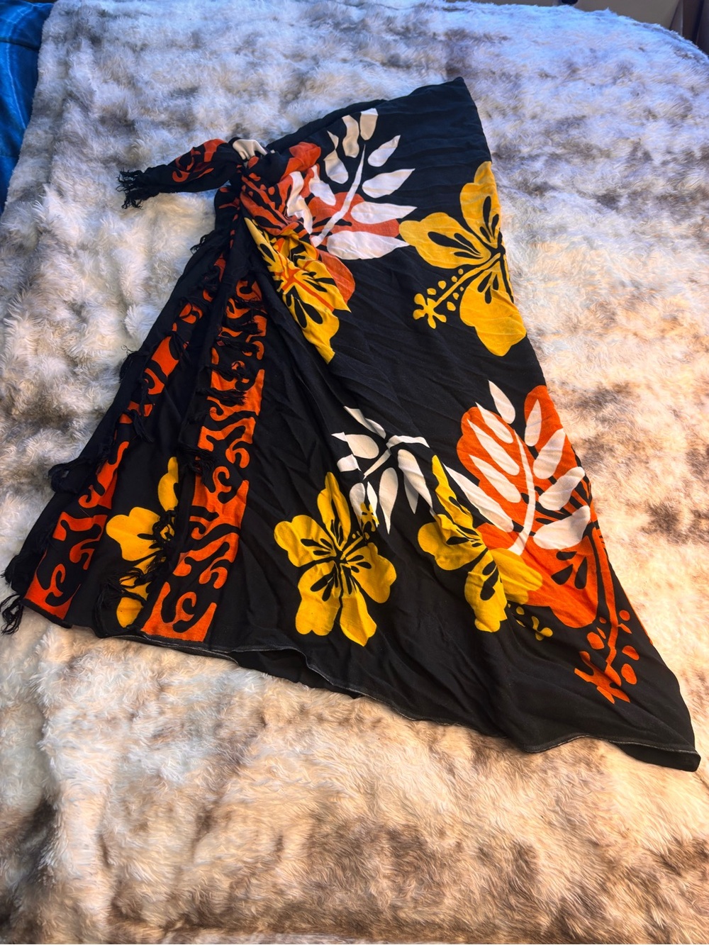 Black Floral Swim Sarong Cover-Up with Yellow & Orange Hibiscus Print